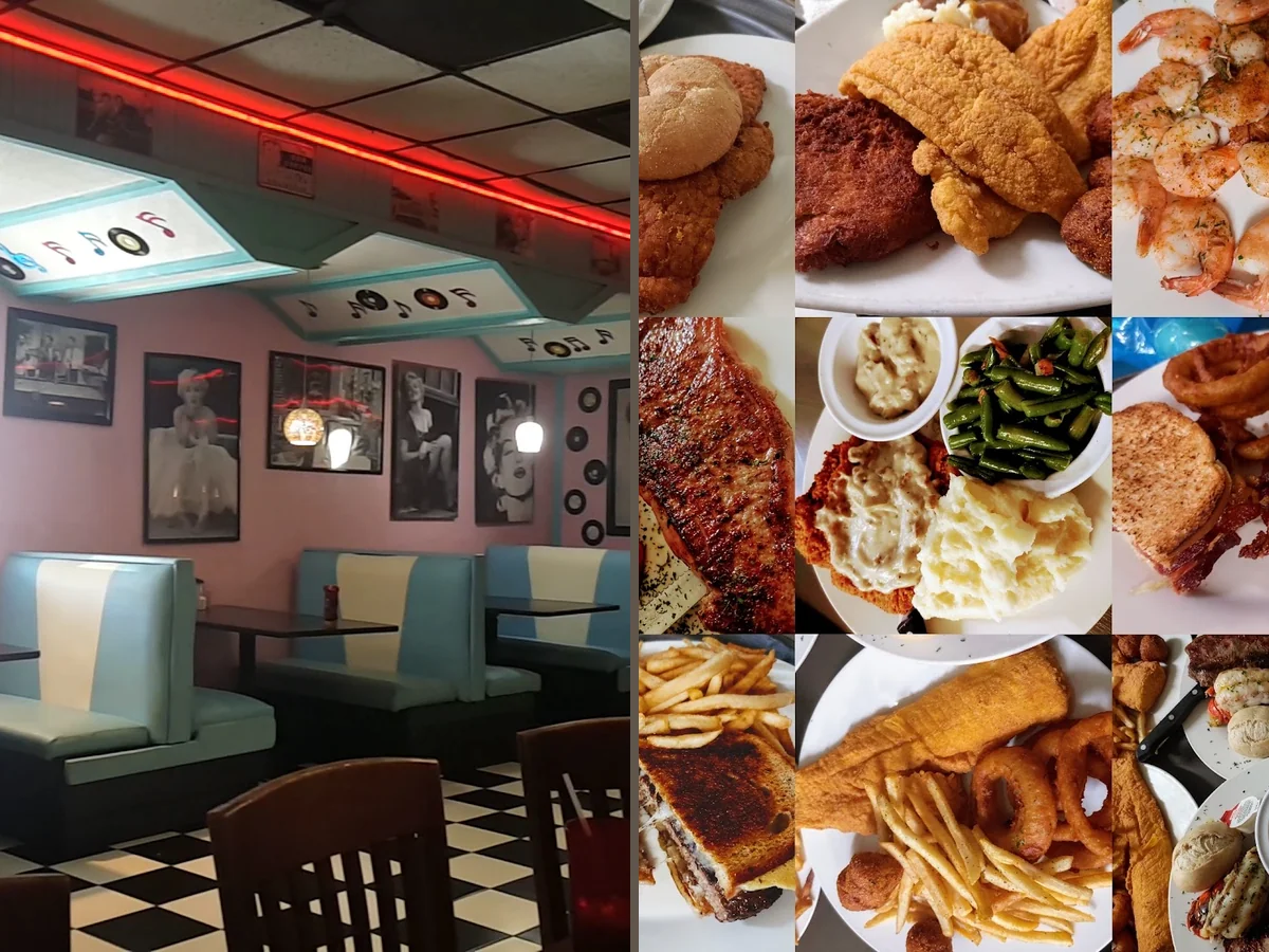 Classic diner booths and framed wall decor.