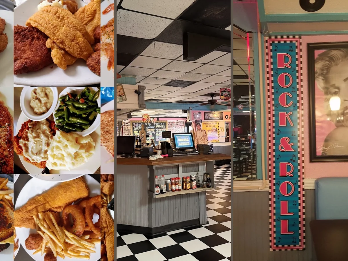Restaurant interior with retro details and clean tables.
