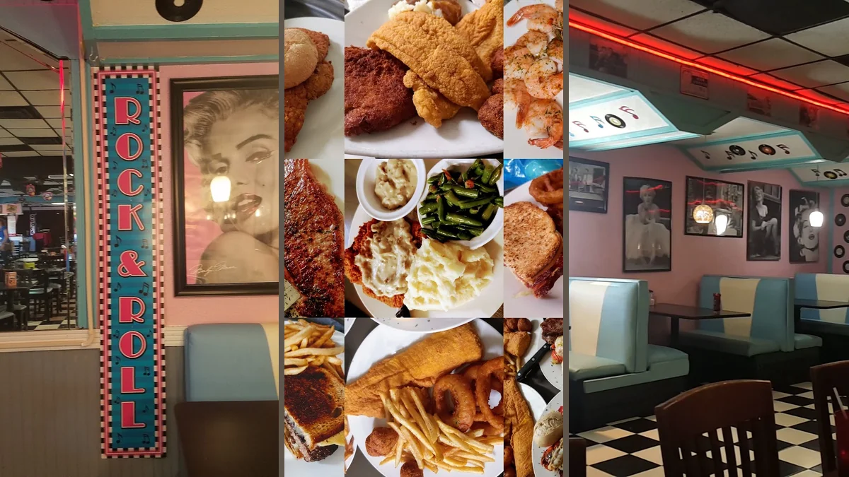 Classic diner booths and framed wall decor.