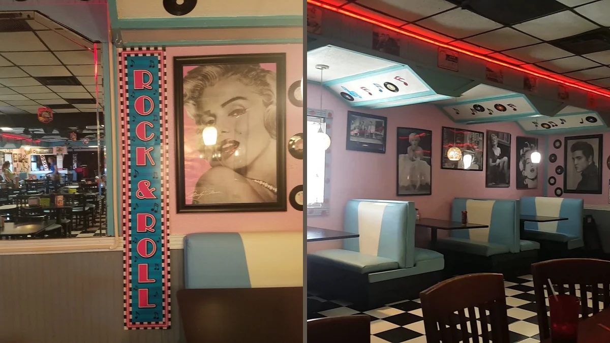 Classic diner booths and framed wall decor.